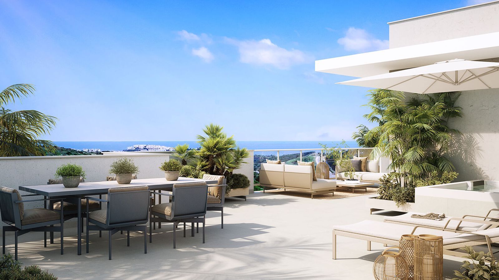Luxuriöse Terrasse mit Meerblick mit Essbereich, Lounge und Sonnenliegen.