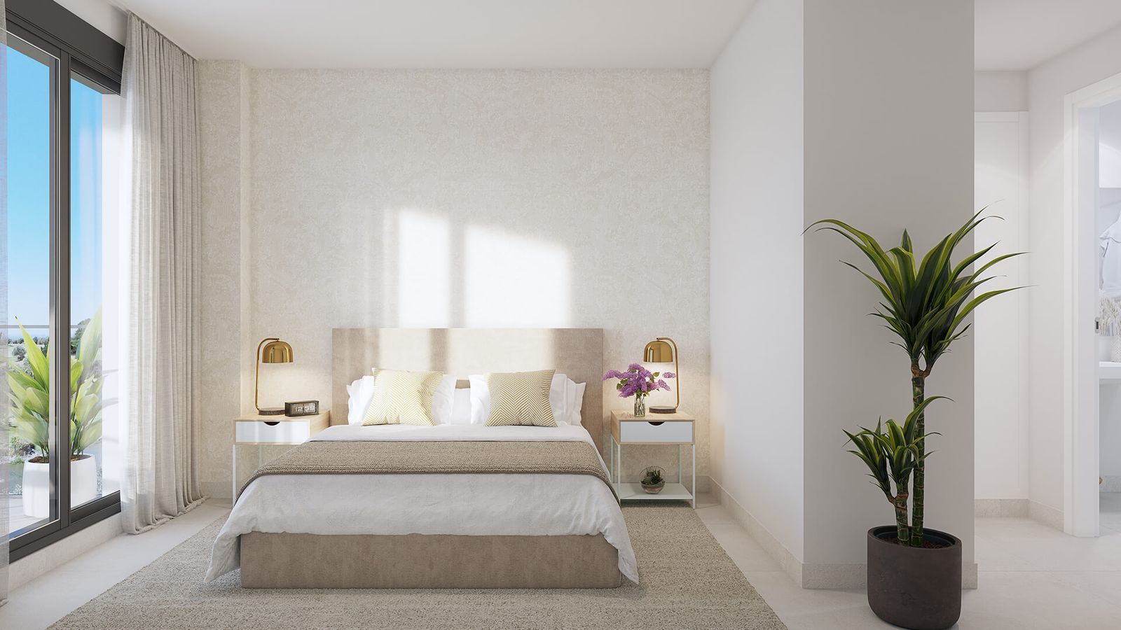 Modernes Schlafzimmerinterieur mit Pflanze, Nachttischen und Bett