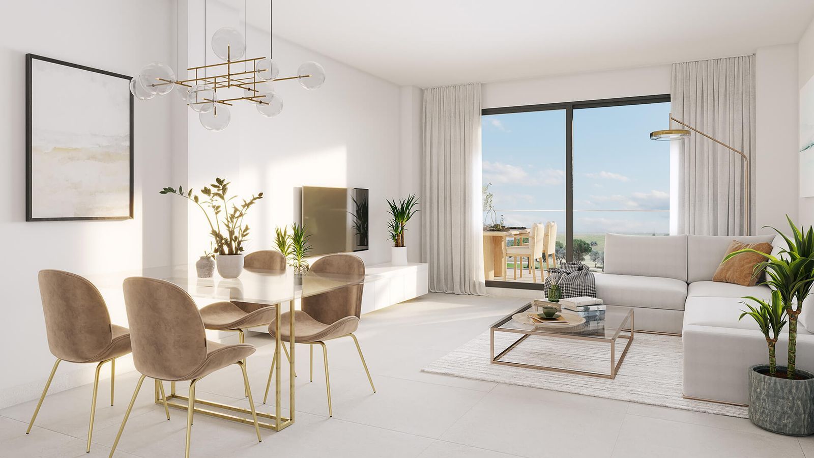 Modernes Apartment-Interieur mit Esstisch, Wohnzimmer und Aussicht